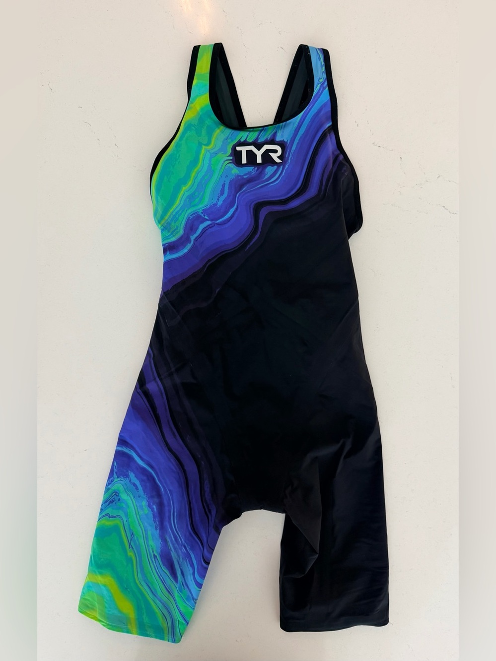 TYR Technical Racing Suit : Open Back in Black with Blue and Green Marble